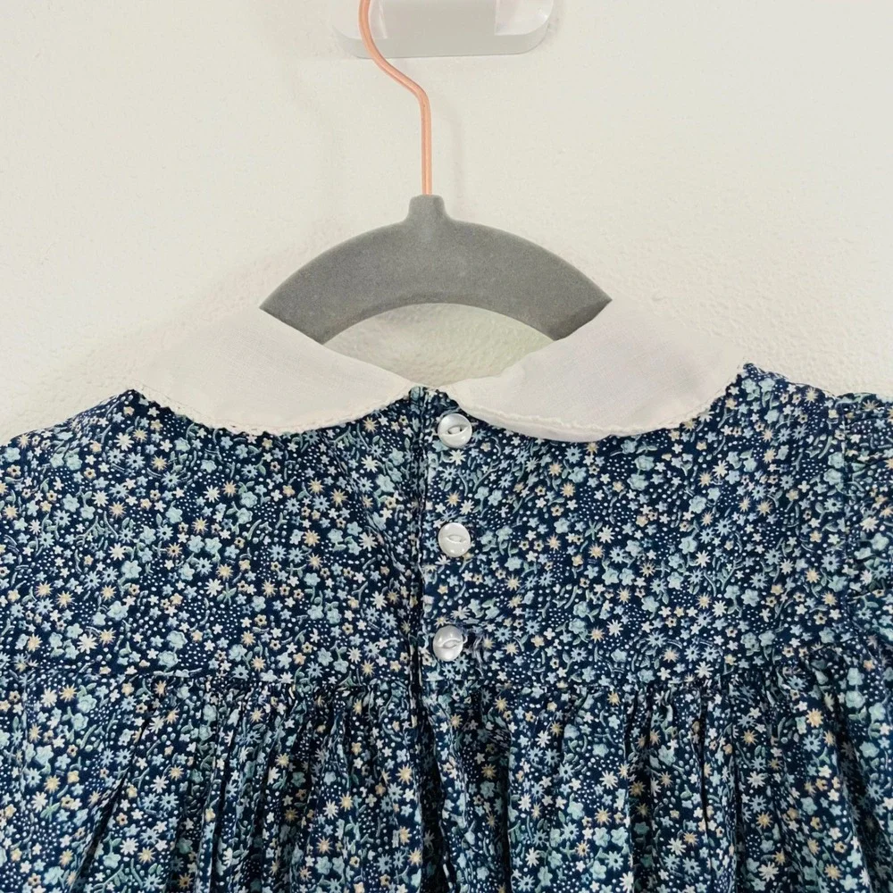Vtg The Smockery Smocked Dress Blue Floral Embroidery Peter Pan Collar‎ Girls 4